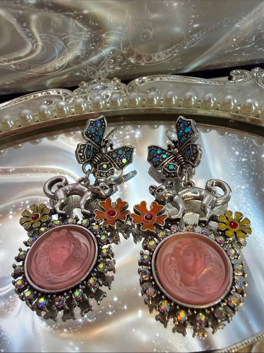Kirks Folly Pink Cameo Drop Earrings with Multicolor Accents